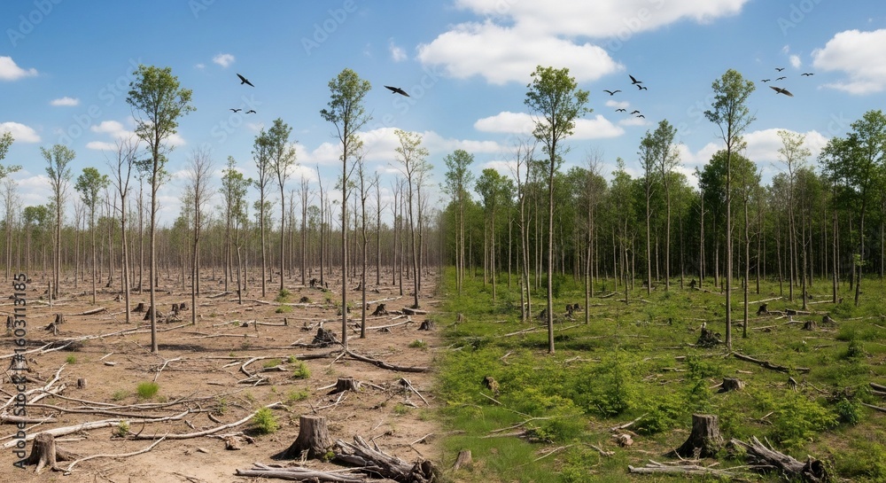 Obraz premium A stark visual comparison depicting a barren, deforested landscape juxtaposed with a thriving, green forest under a blue sky.