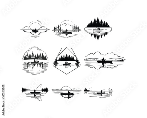 A collection of nine black and white illustrations of serene fishing scenes