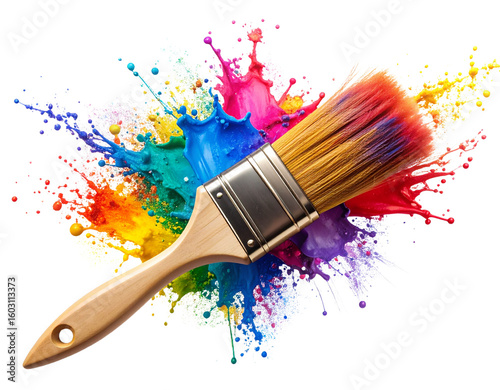  “Splattered Paint Brush in Action, Mid-Stroke Motion on Transparent Background”.