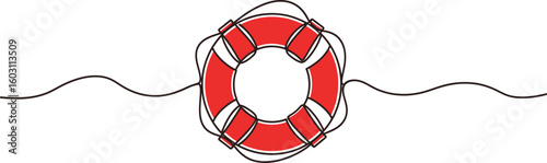 A single line drawing of a red life preserver on water against a white background art work