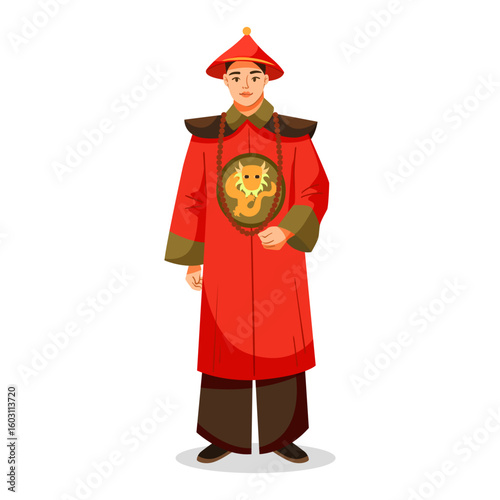Traditional Asian man in red robe with dragon emblem, flat graphic style, standing on white background. Concept of cultural heritage. Vector illustration
