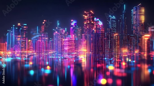 Vibrant city skyline at night, illuminated with neon lights reflecting on water, showcasing urban life