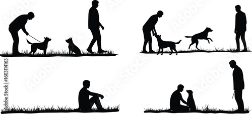 A collection of black silhouettes depicting various human-dog interactions, including walking, playing, training, and bonding, showcasing companionship and pet ownership, flat vector illustration.