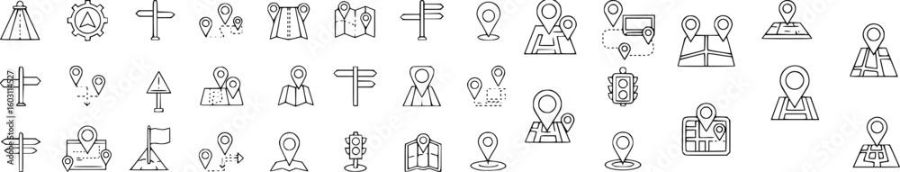 vector set of Route Optimization line icon, Route icon between two points with dotted path and location pin. Route location icon