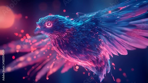 Vibrant digital bird with glowing feathers in a colorful, abstract background, symbolizing freedom