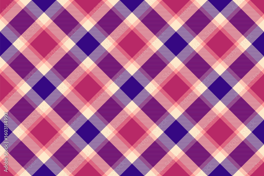 Vibrant diagonal plaid pattern in pink, purple, and cream. Perfect for textile design, fashion, website backgrounds, or scrapbooking. Vibrant diagonal plaid pattern in pink, purple, and cream. Perfect for textile design, fashion, website backgrounds, or scrapbooking.