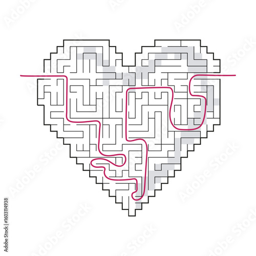 Complex maze puzzle game (high level of difficulty)  with way (exit or answer). Heart as a labyrinth No.3. Puzzle for St. Valentine Day (14 February). Vector illustration EPS 10	