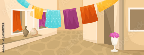 Traditional indian courtyard with colorful clothes drying on a rope, clay pots on window ledge, and flower vase, flat cartoon style. Vector illustration