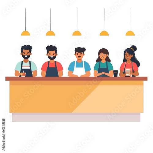 Pixel Art Group Of Baristas At A Counter