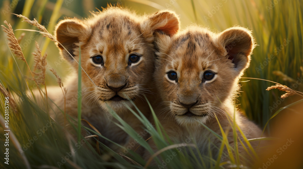 Obraz premium Two adorable lion cubs portrait in the grass wildlife photography animal babies cute lions in nature reserve