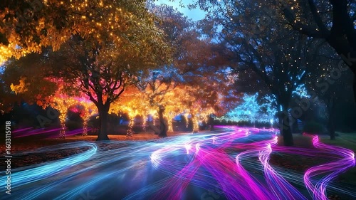 Vibrant night scene of a tree-lined street illuminated by colorful lights, creating a magical atmosphere