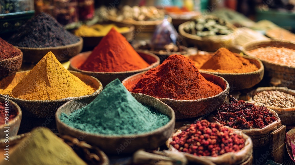 Fototapeta premium An artistic shot of a colorful Indian spice market with a variety of spices in open containers, showcasing the rich and diverse flavors used in Indian cooking.