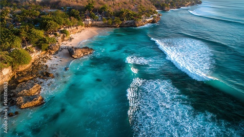 An expansive aerial view captures the dynamic interplay of turquoise waves crashing against a rugged coastline, revealing a secluded beach embraced by lush greenery.