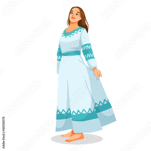 Woman wearing a long light blue traditional dress with tribal patterns, flat cartoon style, on white background. Concept of cultural fashion. Vector illustration
