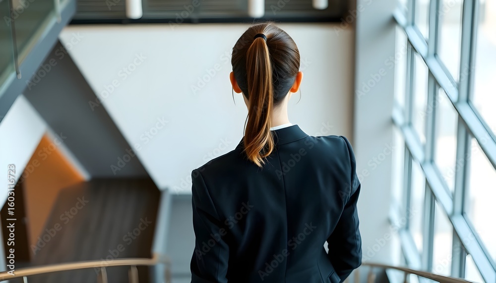 Fototapeta premium Businesswoman ascending stairs modern office professional portrait urban environment rear view ambition