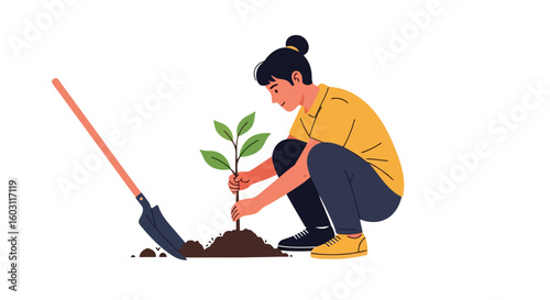 Planting a Seedling: Environmental Stewardship Illustration