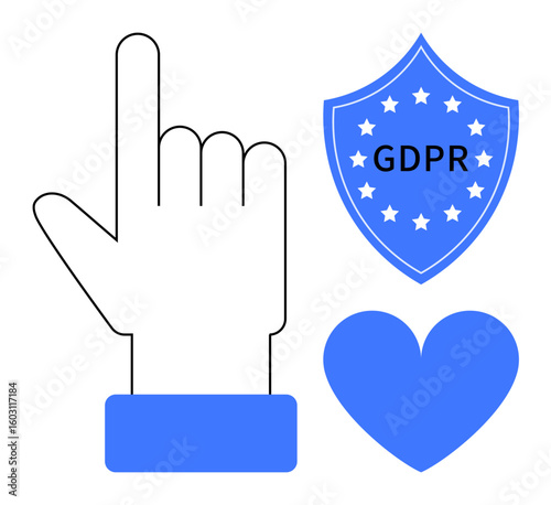 Hand pointing upward, GDPR shield emphasizing data security, and a heart symbolizing customer trust. Ideal for data privacy, digital protection, compliance, trust, responsibility, ethics simple