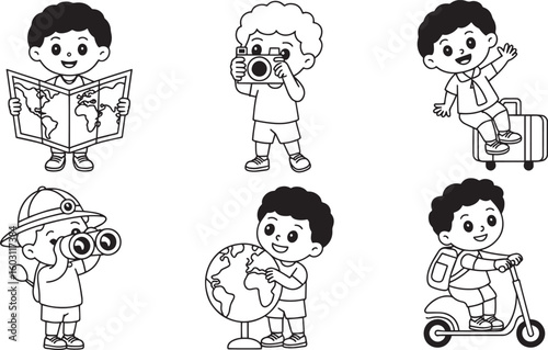 Cartoon Boy Traveler with World Map Planning Adventure, Exploring Destinations, and Discovering New Places
