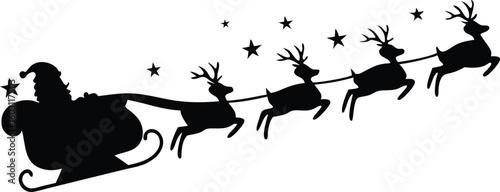 Santa Claus Riding Sleigh with Reindeers Silhouette – Christmas Vector Illustration

