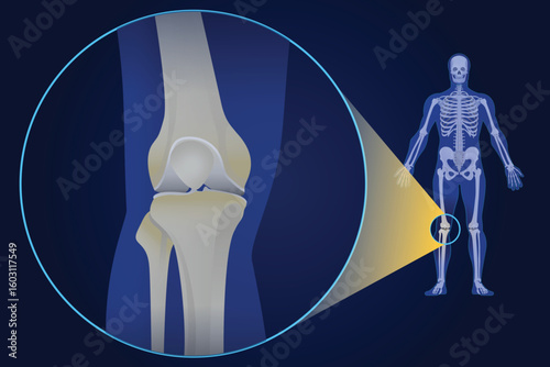Bones of the Knee Joint, knee joint close up, human anatomy medical illustration