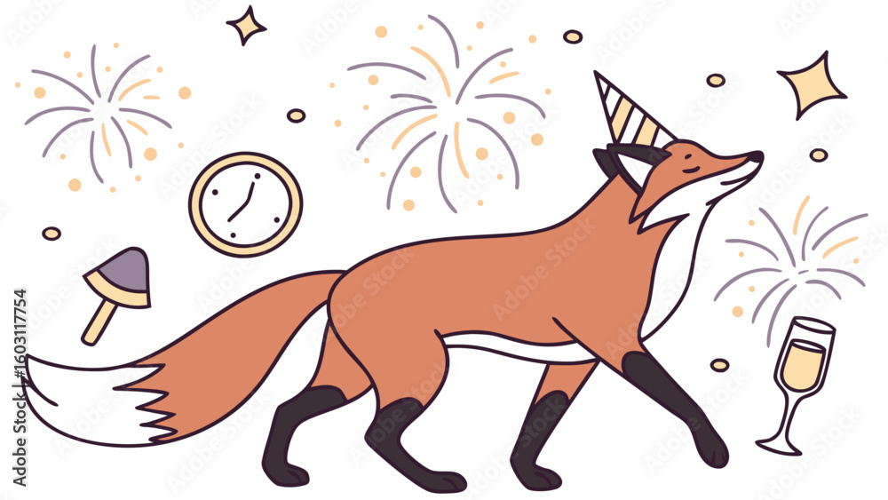Fototapeta premium Peaceful Fox, set in a charming New Year's Eve/Day theme – New Beginnings color vector art