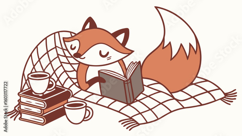Vector illustration of a Bashful Fox, styled in a Bookworm Day theme using Cozy Reading colors