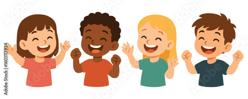 Kids happy template poster cheerful boy girl vector illustration for advertising flyer family celebration joyful childhood artwork creative cartoon design colorful playful