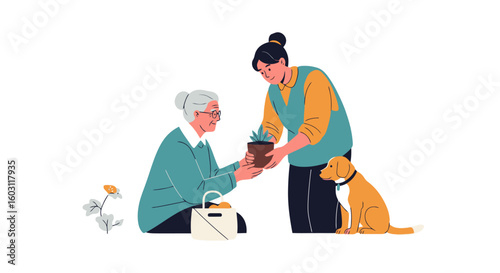 Generational Gift: Young Woman Giving Plant to Senior