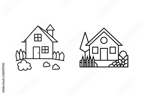 Simple houses with fences and trees home building