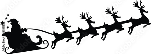 Santa Claus Riding Sleigh with Reindeers Silhouette – Christmas Vector Illustration
