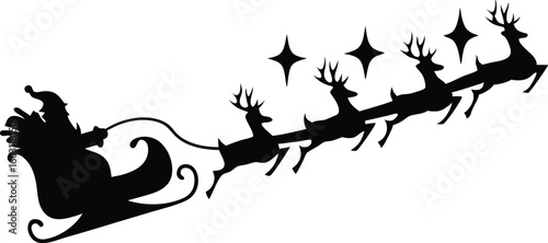 Santa Claus Riding Sleigh with Reindeers Silhouette – Christmas Vector Illustration
