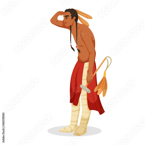 Traditional native tribal man in cultural attire holding a tool, cartoon style, isolated on white background. Concept of indigenous heritage. Vector illustration