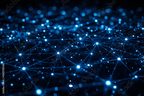 Abstract connected glowing blue dots and lines on a dark background, A futuristic network connection with a dark backdrop showing a modern connection