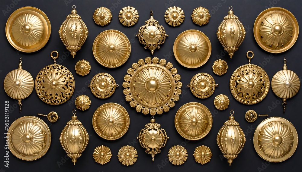 Gold decorative objects arranged on a dark background