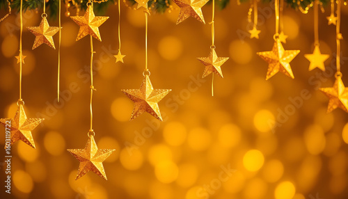 Golden stars hanging decor festive atmosphere holiday celebration warm lighting elegant viewpoint joyful concept