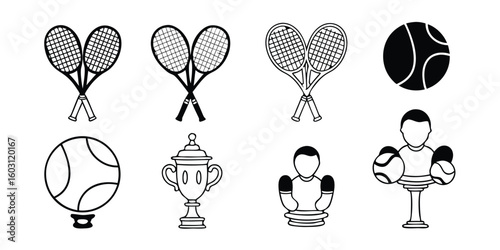 Tennis Icons and Sports Equipment Outline Vector Illustration on Transparent Background This vector image showcases