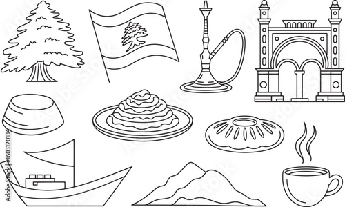Lebanon Landmarks and Culture Line Art Illustration Featuring Traditional Symbols and Icons