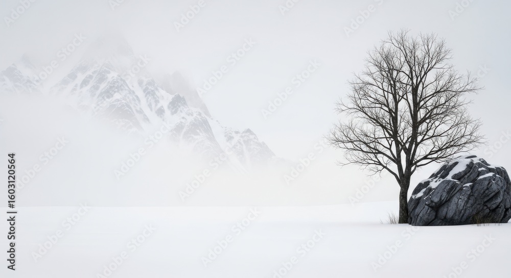Obraz premium A solitary bare tree stands beside a large rock on a vast snowy plain with misty mountains in the background