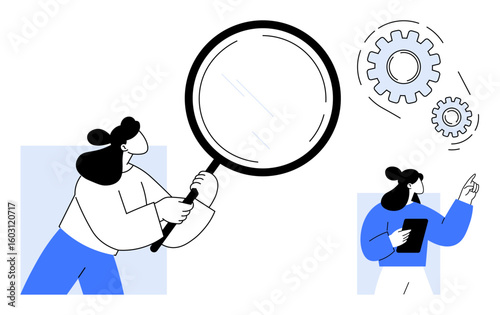Woman holding magnifying glass inspecting details, gears signifying process and problem-solving. Ideal for teamwork, analysis, innovation, focus, insight, productivity efficiency. Simple flat
