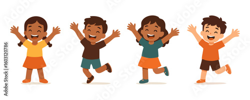 Joyful happy kids lifestyle cartoon vector illustration poster template design with cheerful boy and girl character artwork fun childhood holiday celebration and creative background festival art