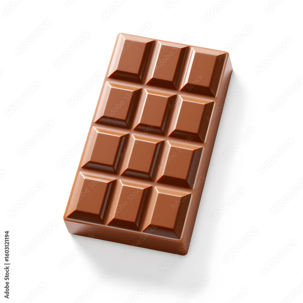 Fototapeta premium Chocolate bar, 3D illustration, glossy plastic material, soft shadows, white background. Generative AI