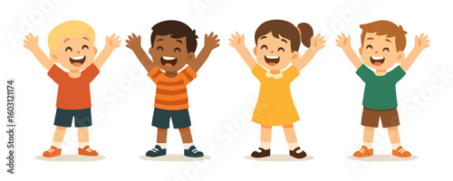 Happy kids lifestyle vector cartoon illustration with smiling boy and girl poster template design cheerful children character joyful expression fun holiday background artwork and celebration style