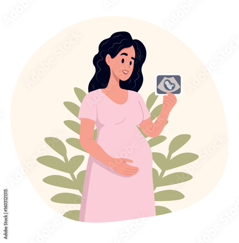 Concept of pregnancy. Smiling pregnant woman holding ultrasound photo of her future baby. Flat vector illustration on white background.