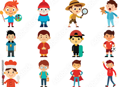 Cheerful Diverse Children Cartoon Characters: Various Professions, Activities, and Playful Moods.

