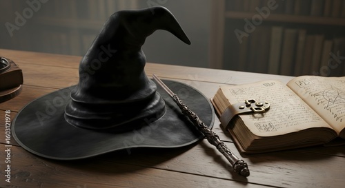 Wizard's Desk with a Pointed Hat, Magic Wand, and an Old Spellbook