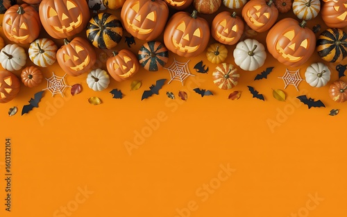 Halloween Background with Jack O Lanterns Bats and Spiderwebs on Orange