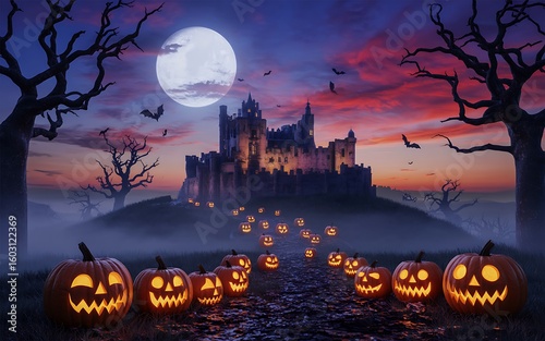 Spooky Halloween Night with Jack O Lanterns Leading to Haunted Castle
