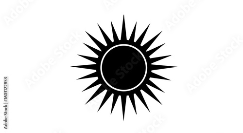 A stark, graphic illustration of the sun with sharp rays, radiating energy and warmth.