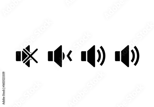 A row of four speaker icons illustrating different volume levels from mute to loud sound