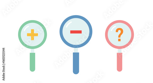 Magnifying glass plus minus question mark search find investigate explore icon